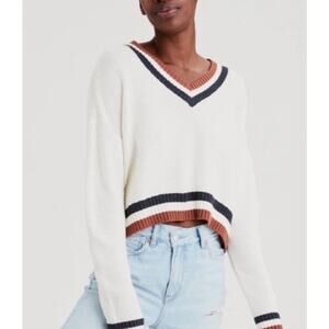American Eagle Women’s Varsity Cropped Sweater XS White V-Neck Cotton Blend